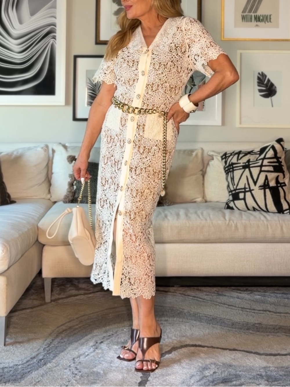 Sunfere Lace Button-Front Midi Dress in Cream — Designer-Inspired